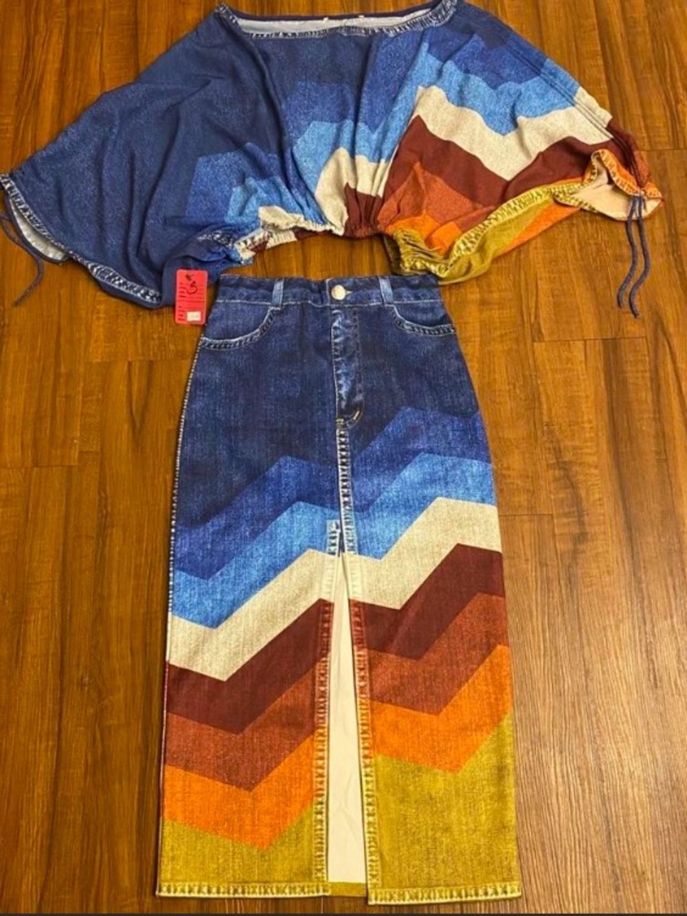 New Colorblock Chevron Faux  Denim Look Midi Skirt  Set - Multicolor